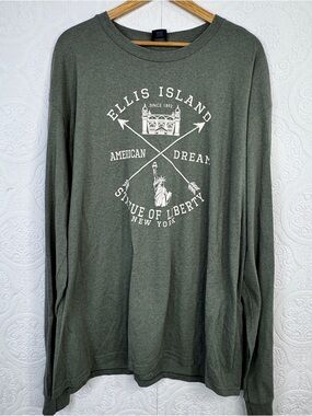 Men's sz XXL Graphic Green Long Sleeve Pocket T-Shirt Tee ELLIS ISLAND Liberty